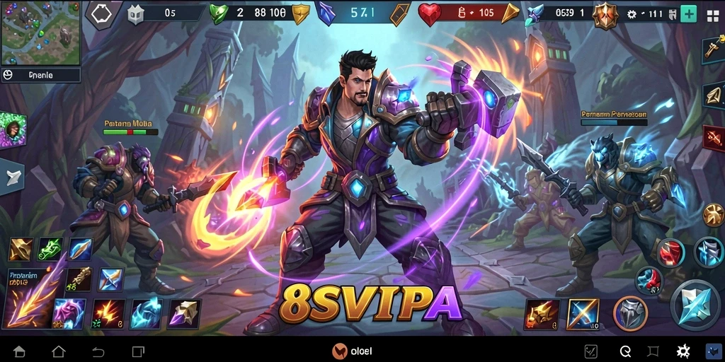 Screenshot gameplay menunjukkan pertarungan epik dalam permainan MOBA.