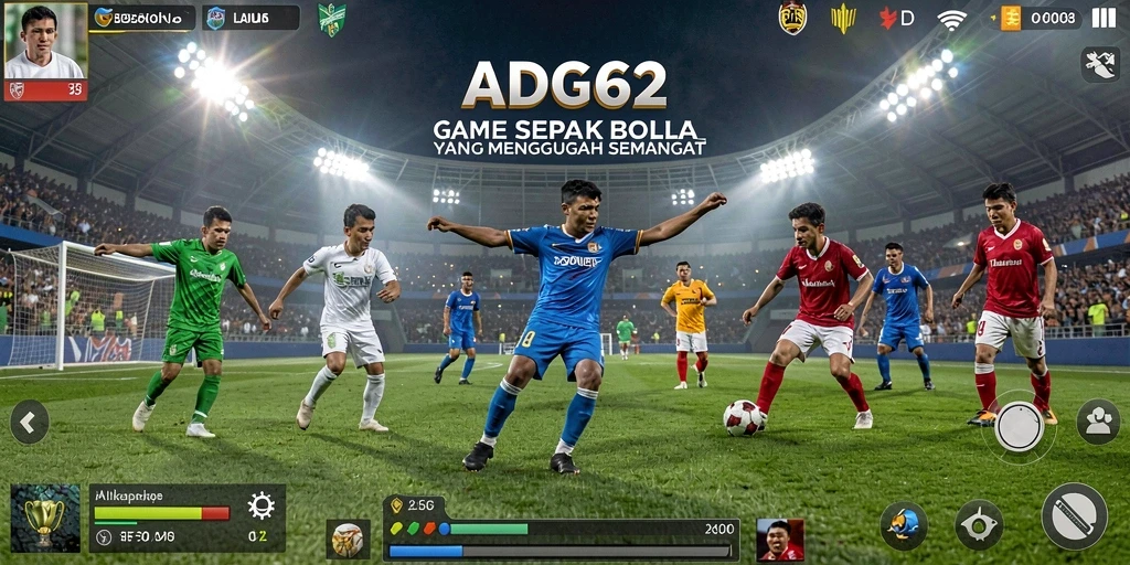 Screenshot gameplay ADG62 menampilkan aksi seru dalam pertandingan sepak bola.