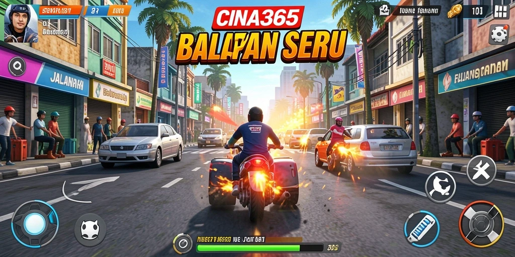 Screenshot gameplay CINA365 menampilkan balapan yang mendebarkan dengan kendaraan cepat.