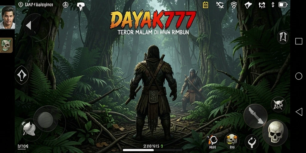 Tampilan gameplay <strong>DAYAK777</strong> yang menegangkan menampilkan suasana hutan yang mencekam.