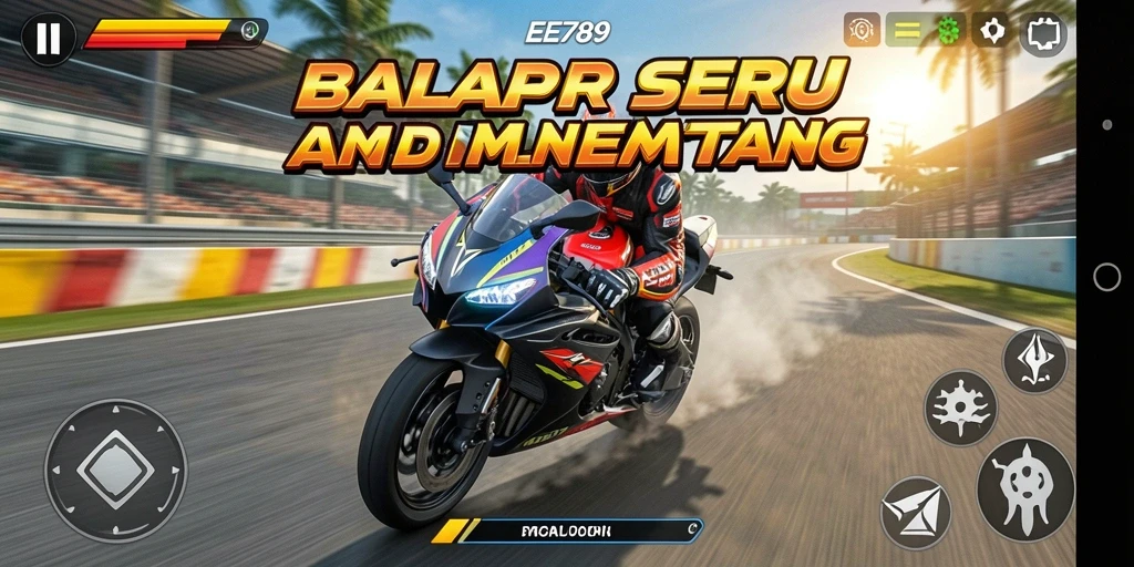 Menampilkan balapan seru dengan motor cepat dan trek menantang.