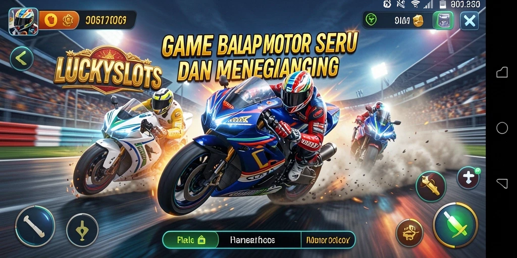 Screenshot gameplay LUCKYSLOTS yang menunjukkan balapan motor yang mendebarkan.