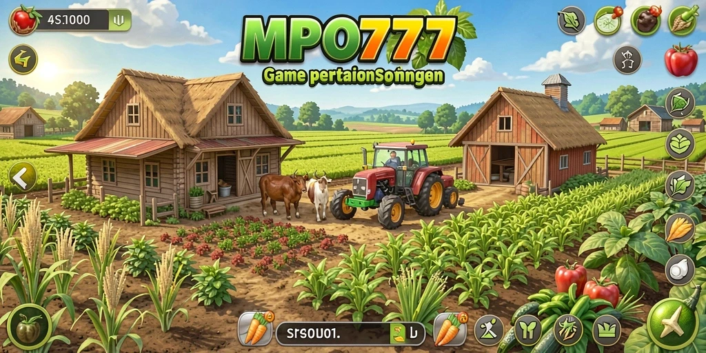 Tampilan gameplay MPO777 dengan banyak tanaman dan lahan yang subur.