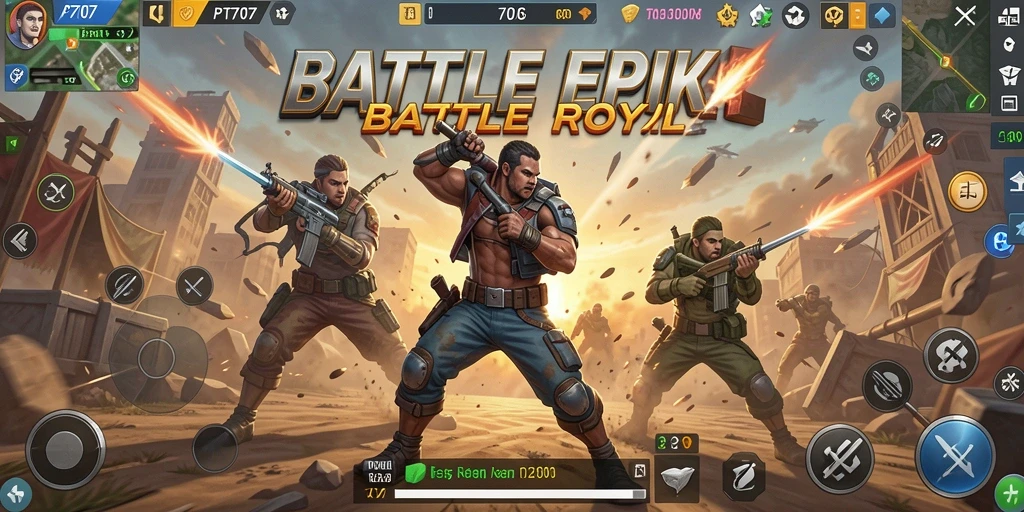 Tangkapan layar utama PT707 menampilkan aksi pertarungan Battle Royale yang mendebarkan.