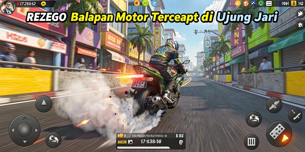 Tampilan gameplay mendebarkan di REZEGO saat balapan motor.