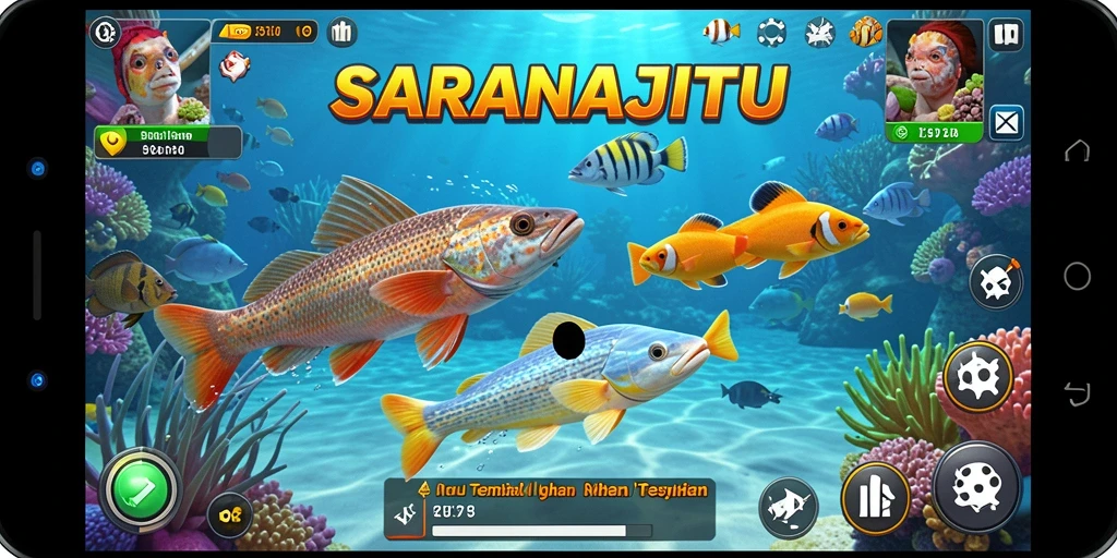 Screenshot gameplay SARANAJITU menampilkan aksi menembak ikan.