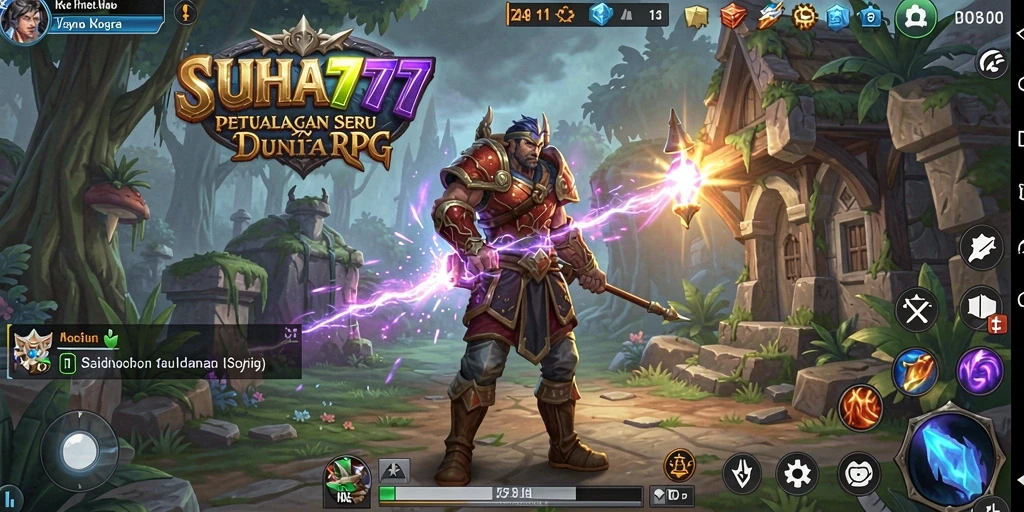 Screenshot utama menunjukkan petualangan epik dalam SUHU777 dengan karakter beraksi.